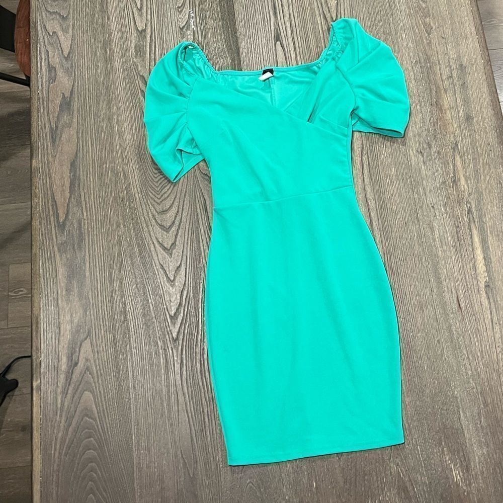 Gibiu Dress Mini Puff Sleeve Square Neck Fitted Bodycon Teal Size S